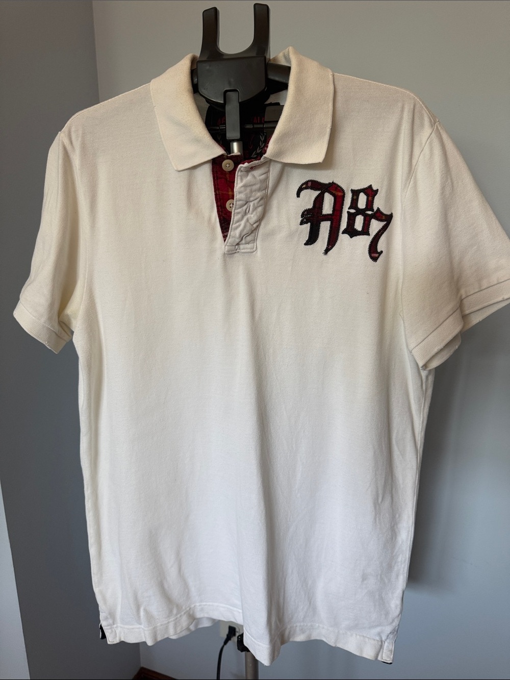 Aeropostale White Polo with Red Plaid Trim and Embroidered Logo